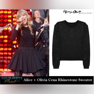 Alice + Olivia Scoop “Cena” black rhinestone sweater as seen on Taylor Swift M